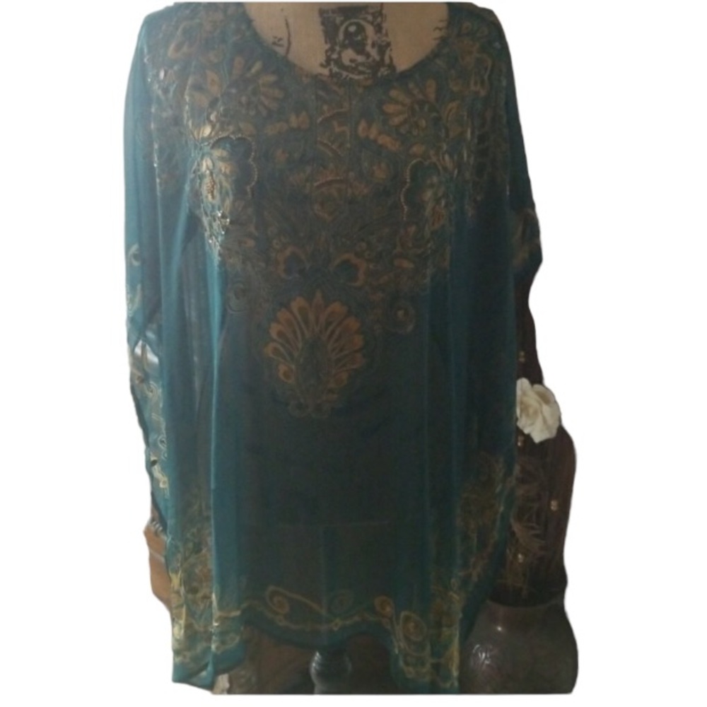 Chico’s size large green Embellished poncho cover up beautiful Like new